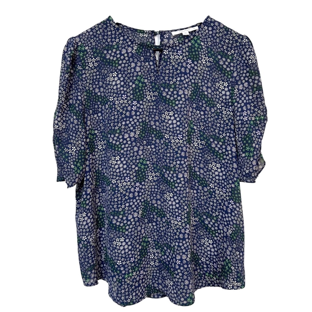 Womens XL Ditsy Floral Blouse Navy Blue Ruched Sleeve Cottagecore fun2fun
